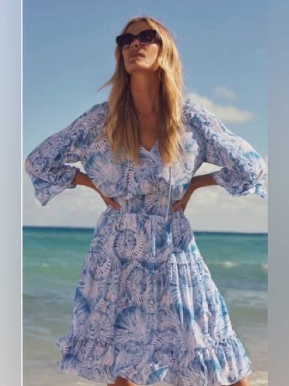 Chico's Light Blue Shell-Print Tiered V-Neck Midi Dress